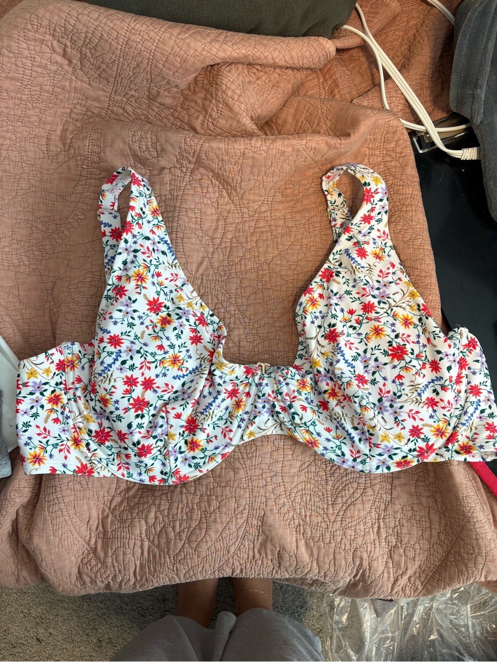 Time and Tru White Floral Bikini Top with Red, Yellow and Blue Flowers